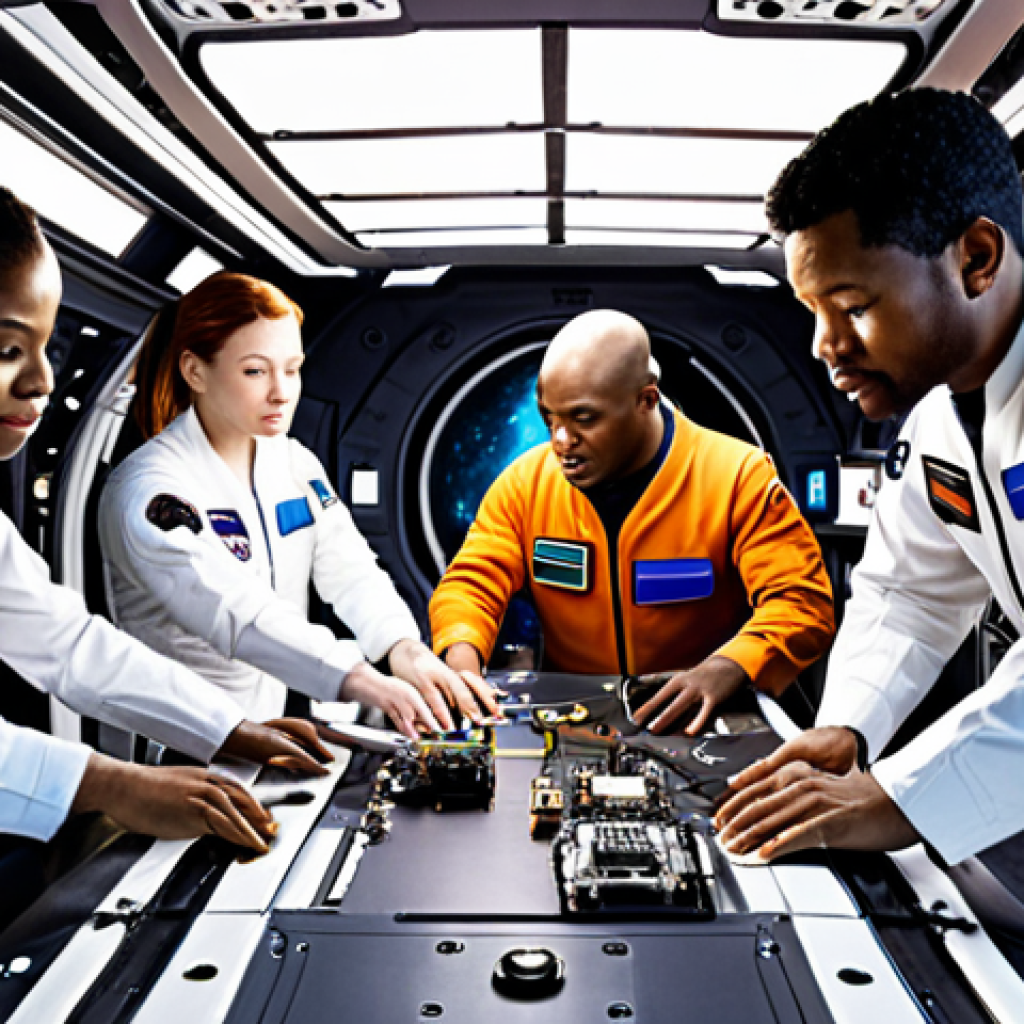**

*   **Prompt:** A diverse group of astronauts, including women and men of different ethnicities, working collaboratively to repair a complex machine in a spaceship. Emphasize teamwork and breaking down gender stereotypes. Background: A brightly lit, functional spaceship interior with various tools and equipment.

**